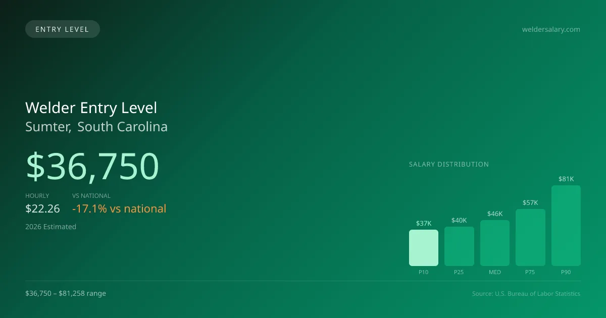 Welder Entry Level Salary in Sumter, SC — 2026 est., based on 2025 BLS